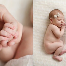 Close up of newborn baby girl’s hands holding fingers and curled up on blanket