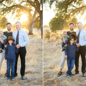 All the men in the family pose for a picture in front of a large tree in Folsom