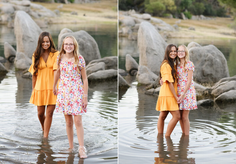 Sisters dipping their feet in Folsom Lake ripples