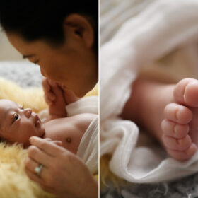 Mom kissing newborn baby’s hand and close up of baby foot in Sacramento studio