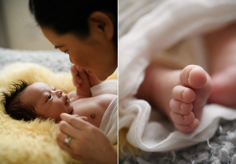 Mom kissing newborn baby's hand and close up of baby foot in Sacramento studio