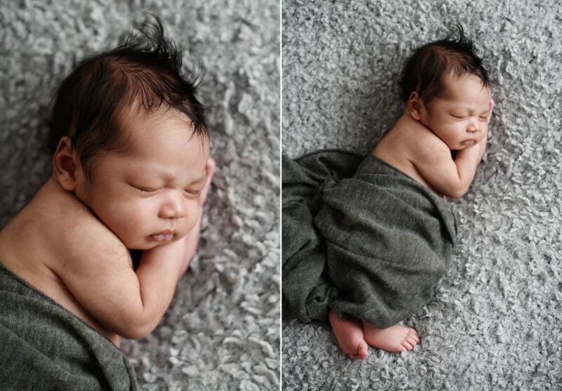 Newborn baby boy sleeping on gray fuzzy blanket and swaddle in Sacramento studio