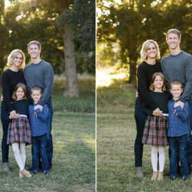 Fall family photo during sunset in park with trees in background in Sacramento