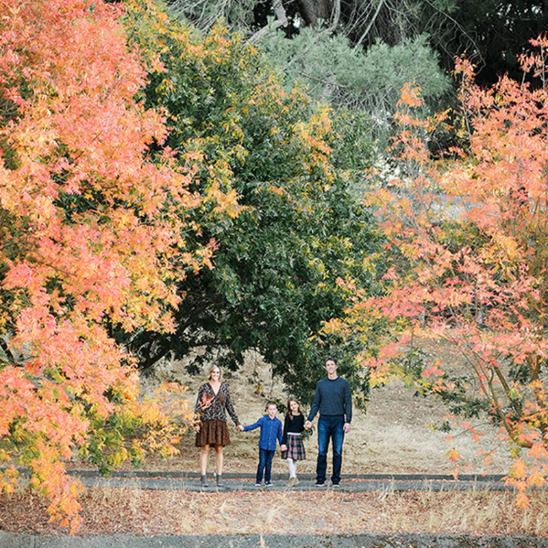 Long overview shot of family standing next to fall foliage trees in Davis