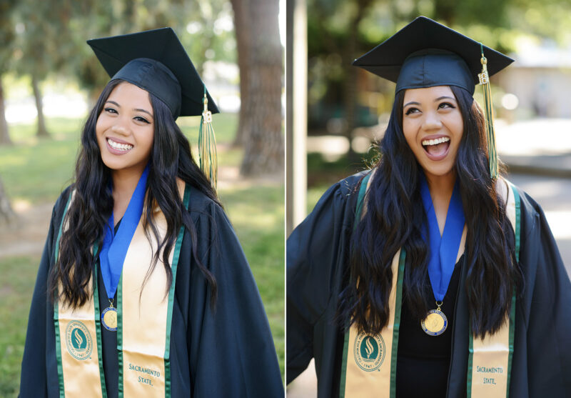 Close up portrait of college senior graduate posing with cap and gown at Sacramento State