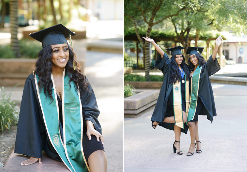 Sacramento State college graduate girl sitting while wearing cap and gown