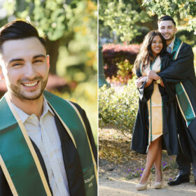 Sacramento State college grad boy wearing gown and stole hugging girlfriend
