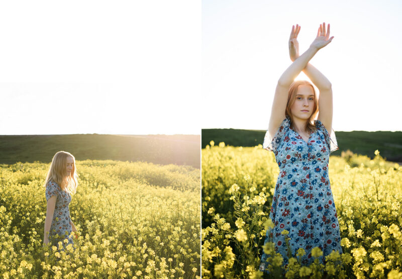Teen girl wearing floral dress in the middle of yellow wildflower field