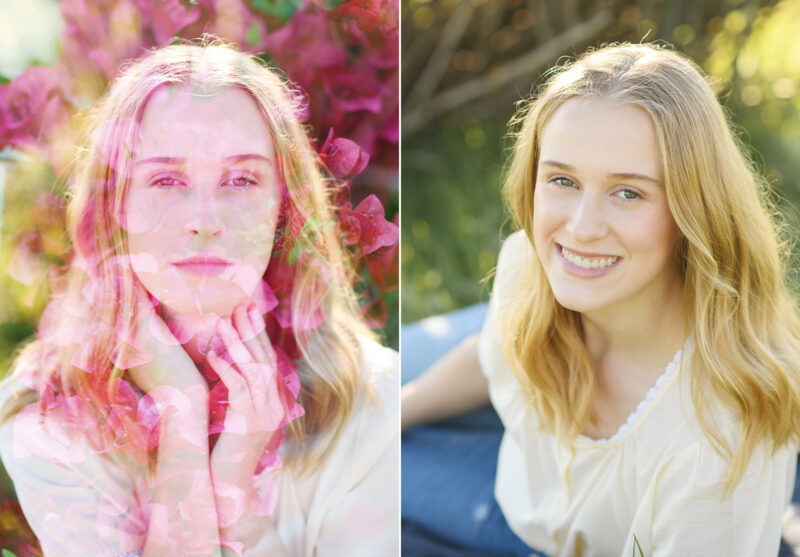 Double exposure of teen girl and pink flowers in Sacramento