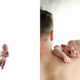 Newborn baby boy being held against white light background