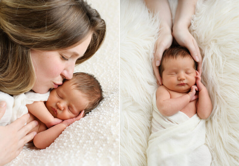 Mom kissing sleeping newborn baby on fuzzy white blanket in Sacramento studio