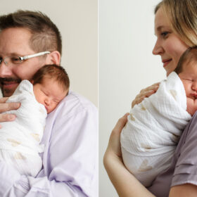 Mom and dad holding sleeping newborn baby in heart swaddle in Sacramento studio