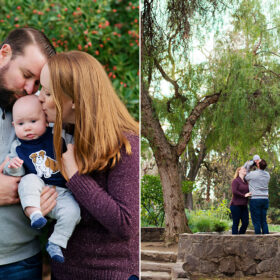 Mom and dad kiss baby boy against tree with red flowers in Davis