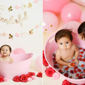 Baby girl in strawberry milk bath while sister watches in Sacramento studio