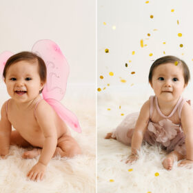 Baby girl in pink fairy wings crawls to camera. Baby girl in pink dress looks at camera while gold confetti falls in air.