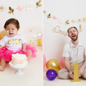 One year old girl cries with frosting on her face during cake smash. Dad cries too.