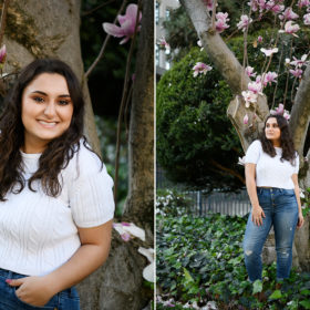 High school teen girl posing under purple flower trees at Sacramento State Capitol