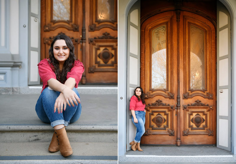 Senior graduate girl sitting and standing in front of Sacramento State Capitol steps and large double doors