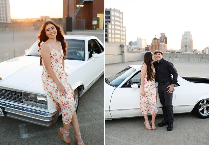 Teen girl posing with dad in white classic car on Sacramento rooftop