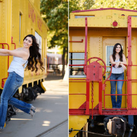 Teen girl hanging off of yellow and red train in Old Sacramento