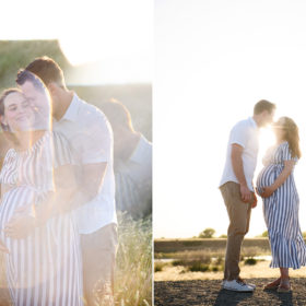 Double exposure of pregnant woman hugging her husband and kissing during sunset in dry grass Sacramento