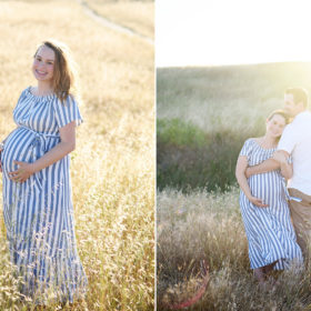 Pregnant woman standing in dry grass field and smiling with husband in Sacramento