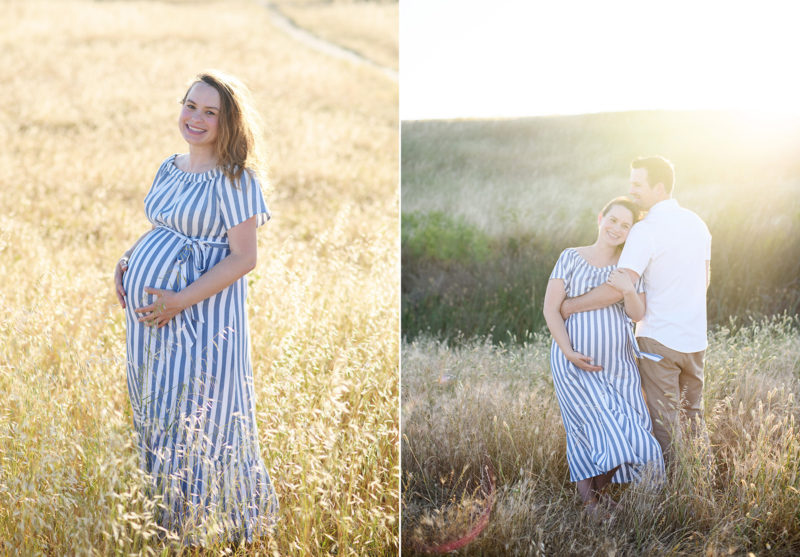 Pregnant woman standing in dry grass field and smiling with husband in Sacramento