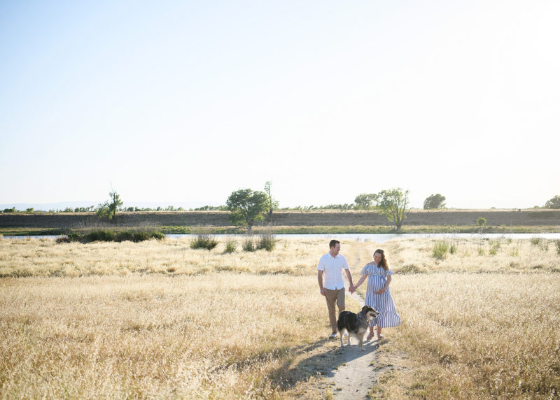 Pregnant woman and husband holding hands and walking through dry grass field with dog in Sacramento