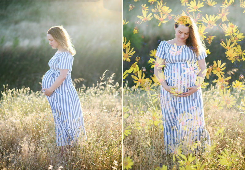 Pregnant woman profile and double exposure looking at belly in dry grass field Sacramento