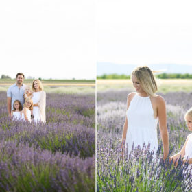 Family in a field of lavender as mom holds daughter’s hand in Araceli Farms Dixon