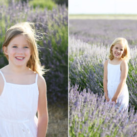 Little girls in white dresses smiling in the middle of lavender fields in Araceli Farms in Dixon