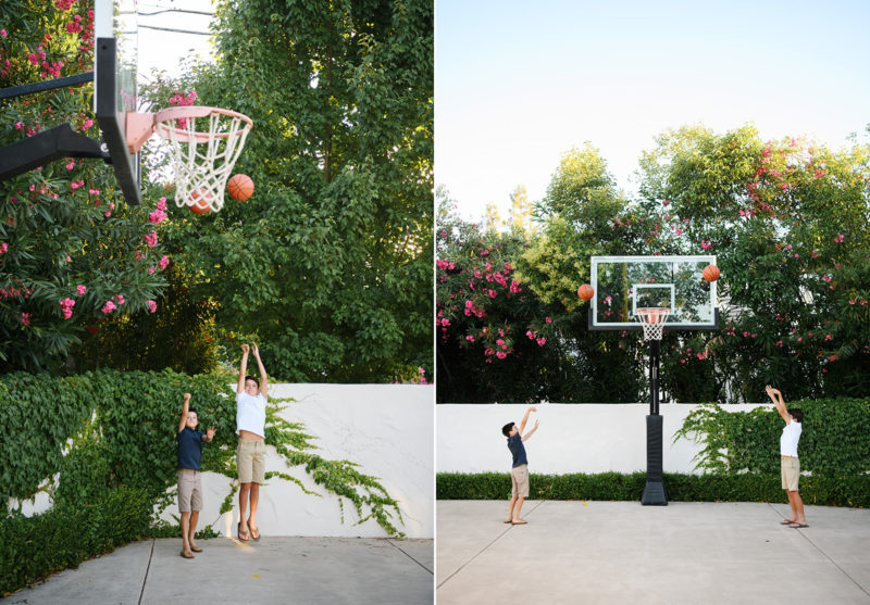Two young brothers playing basketball in their Sacramento backyard
