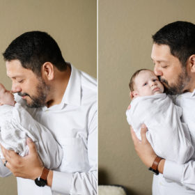 Dad kisses newborn baby boy and holds him close in Sacramento home