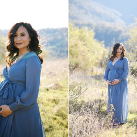 Pregnant woman wearing a powder blue maxi dress on dry grass field in Sacramento
