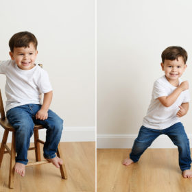 Toddler boy sitting on chair and posing on hardwood floor in Sacramento studio