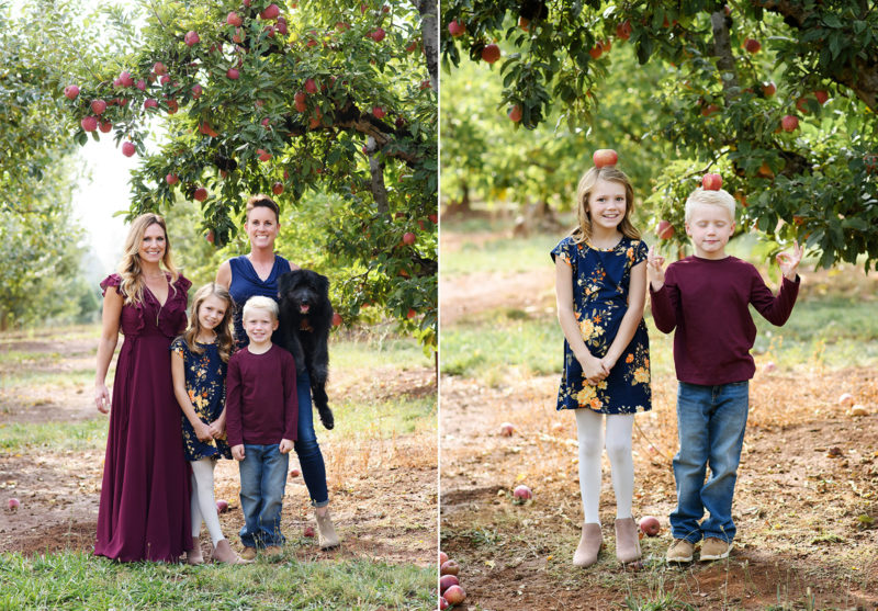 Family posing directly under apple tree while daughter and son balance apples on their head in Apple Hill