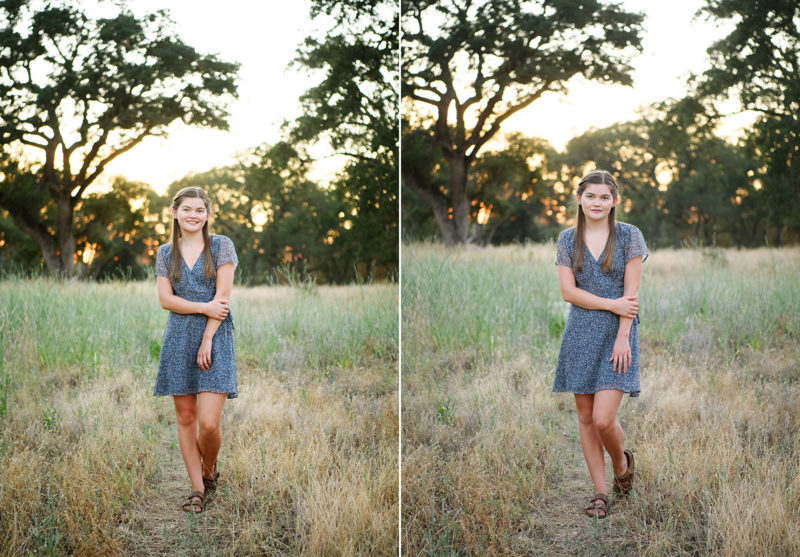 Teen girl standing in middle of grass field in Folsom