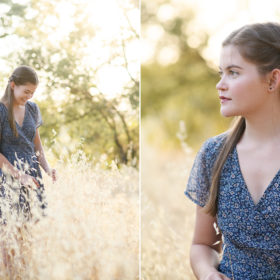 Teen girl walking through dry grass field in Folsom