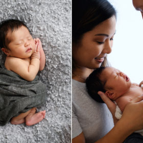 Newborn baby girl sleeping on gray swaddle and blanket as mom and dad hold her in Sacramento studio