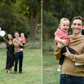 Mom holding balloons and dad holding son on grass in Sacramento park