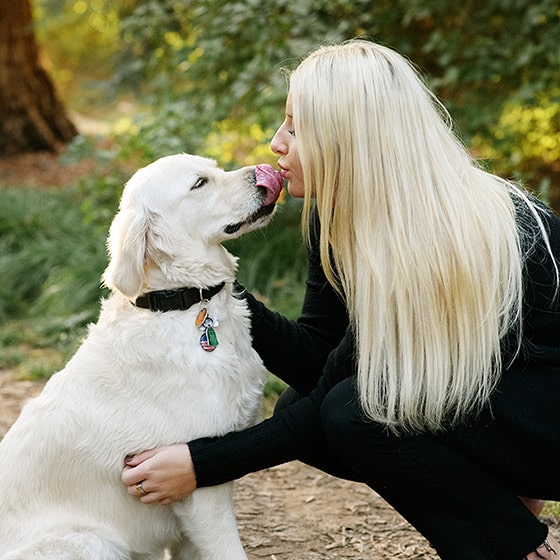 Blonde woman getting licked in face by labrador retriever Sacramento woods
