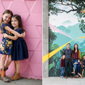 Sisters hugging in front of pink wall and family picture in front of R street corridor mural Sacramento