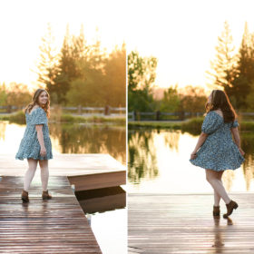 Teen girl walking across the dock with water in background at Bywater Hollow Lavender Farm
