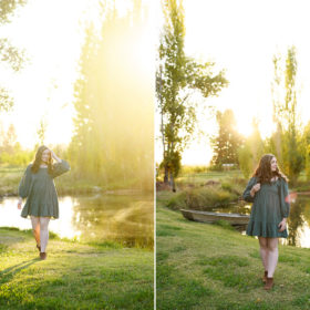 Teen girl walking on the grass by the water during sunset in Bywater Hollow Lavender Farm