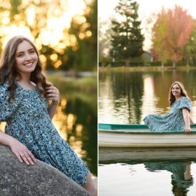 Teen girl sitting inside a rowboat in the water in Bywater Hollow Lavender Farm