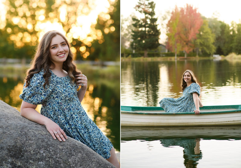 Teen girl sitting inside a rowboat in the water in Bywater Hollow Lavender Farm