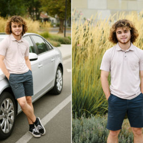 Teen boy leaning against car and tall reeds as background in Sacramento