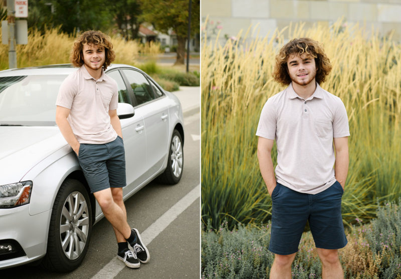 Teen boy leaning against car and tall reeds as background in Sacramento