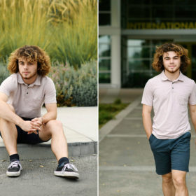 High school senior boy sitting on school curb and walking in front of Sacramento high school