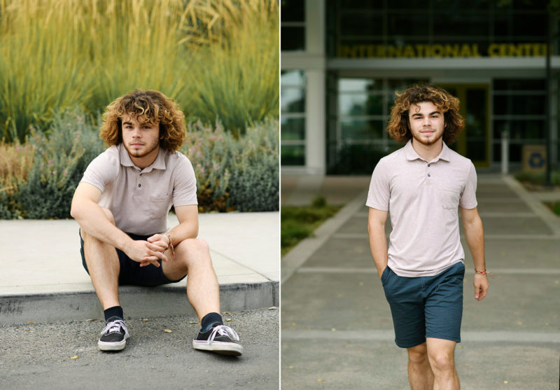 High school senior boy sitting on school curb and walking in front of Sacramento high school